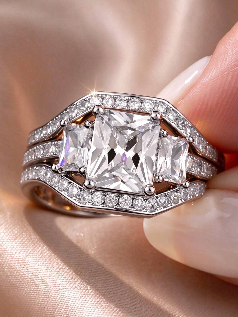 1pc Exquisite V-Shaped 4-Prong Rectangular Geometric Couple Ring For Women, Suitable For Valentine's Day, Engagement Gift, Party Jewelry - White - View 1