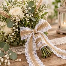 6cm/2.36inch Wide, 2m Long Natural Jute Burlap Ribbon Roll With White Lace Trim, Suitable For DIY Crafts, Wedding Decoration - Multicolor - View 5