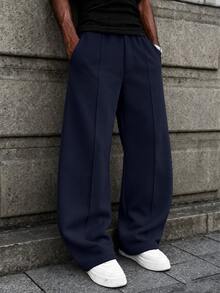 Men Solid Color Center Crease Straight Pants, Elasticated Waist Drawstring Relaxed Daily Trousers - Navy Blue - View 1