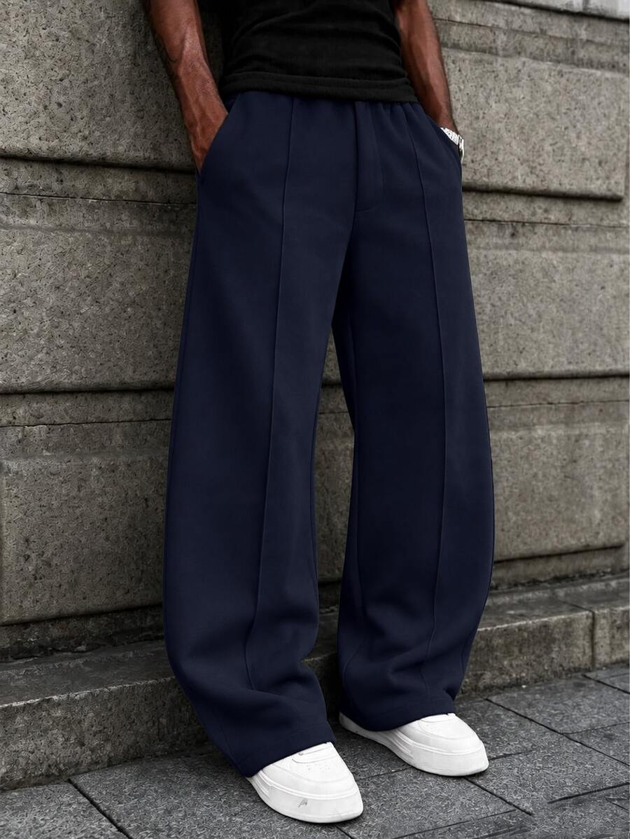 Men Solid Color Center Crease Straight Pants, Elasticated Waist Drawstring Relaxed Daily Trousers - Navy Blue - View 1