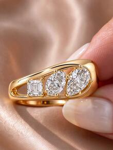 1pc Women's Luxury Three-Stone Ring, Asscher Square Diamond & Oval Zirconia Splice Hollow Design, 14K Gold Plated, Party Engagement Decorative Gift Jewelry - Yellow - View 1