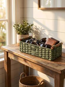 Green Woven Storage Basket With Wooden Side Handles, Rectangular Woven Countertop Storage Bin, Decorative Home Storage Container, Suitable For Bathroom Countertop, Bedside Table, Shelves, Used For Organizing Toiletries, Towels, Cosmetics And Various Household Items - Multicolor - View 1