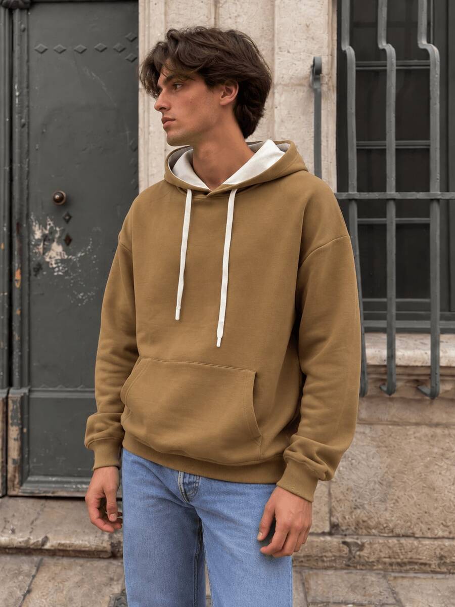 Men's Casual Drawstring Hooded Sweatshirt With Kangaroo Pocket, Relaxed Fit Pullover Hoodie - Maroon - View 1