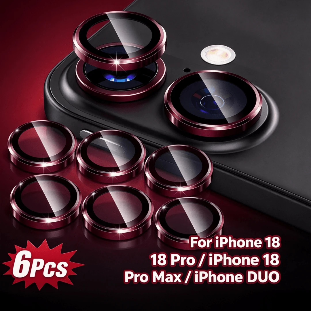 XINHONGYU 6入深紅色超耐用金屬環鏡頭保護膜,相容 Apple 18 Pro Max、PHONE DUO、17 Air/17 Pro Max,高畫質高透明防刮膜,精準貼合,適合日常保護、通勤與專業攝影 - 深櫻桃紅 - 查看 1