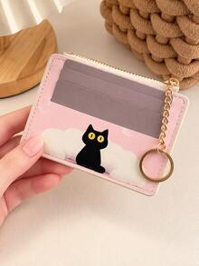 PU Multi-Compartment Kids Card Holder, Dark Cat Pattern Design, Sealed Edge Design, Minimalist Style, Suitable For Daily Use, Can Be Used As Card Holder, Wallet, Business Card Holder, Credit Card Holder, Unisex, Mini Wallet Card Holder - Multicolor - View 4