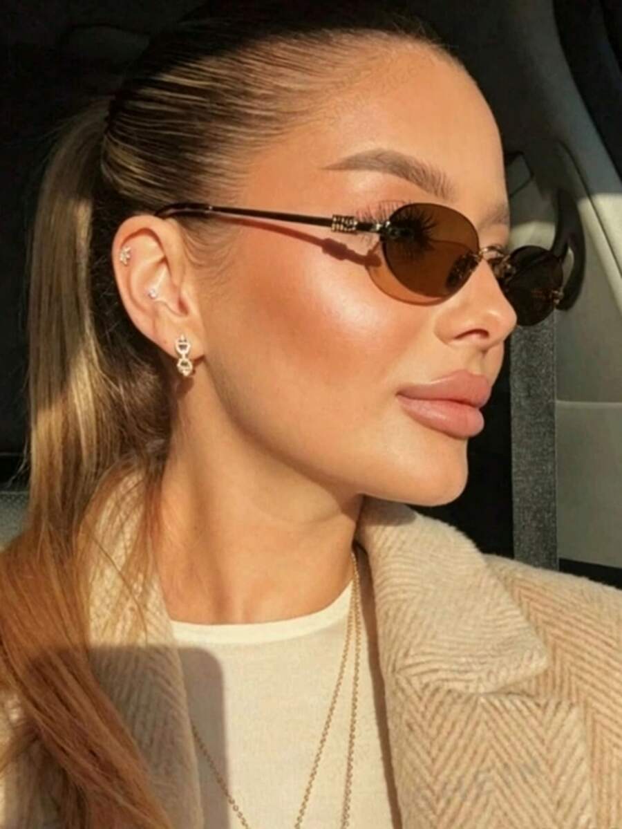 1 Pair Women's Dark Gray Oval Rimless Metal Temple Small Frame Fashion ...