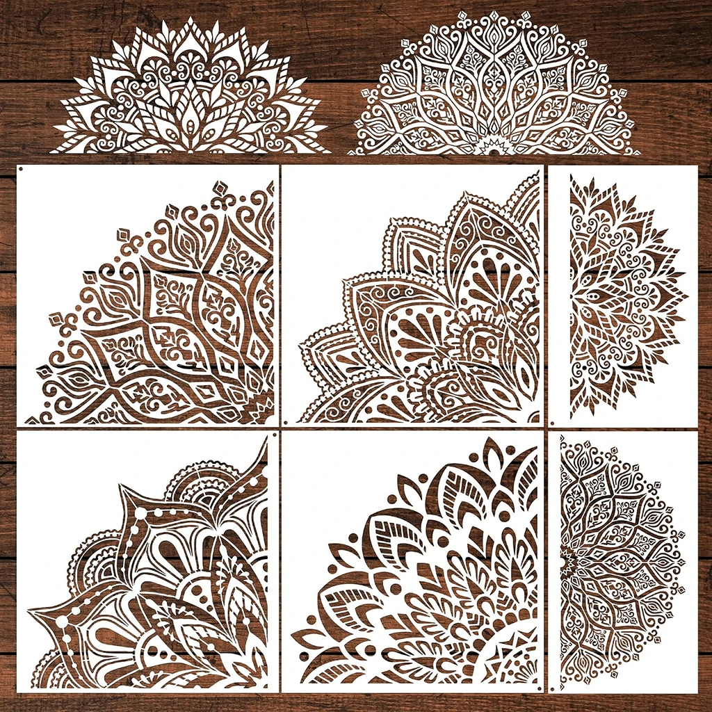 6PCS Large Mandala Flower Painting Templates, (12x12/8x12) Inches, Reusable DIY Hollow Painting Templates, Suitable For Wall Fabric Fence Desktop Holiday Home Decoration - 6pcs Mandala - View 1