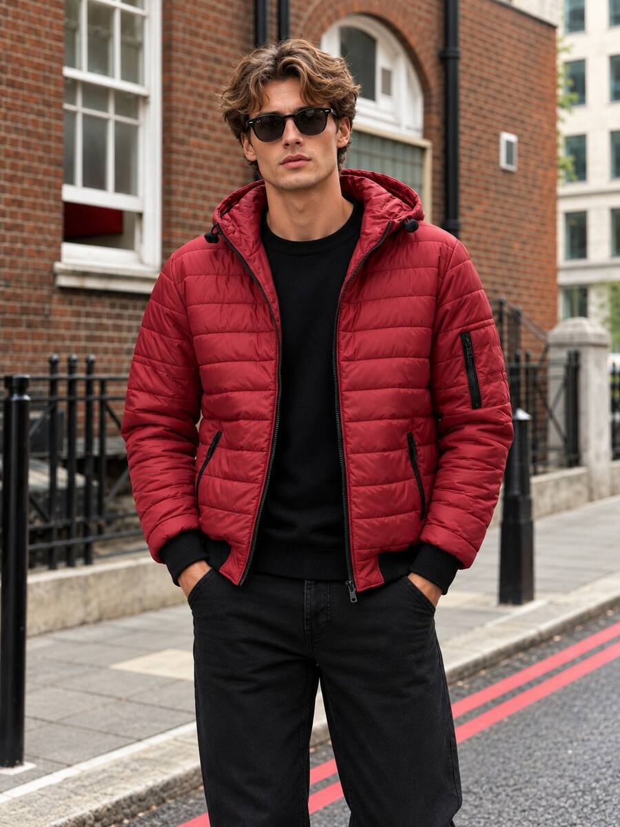 Men's Hooded Quilted Padded Jacket With Zip Pockets & Ribbed Trim, Casual Lightweight Outerwear - Redwood - View 1