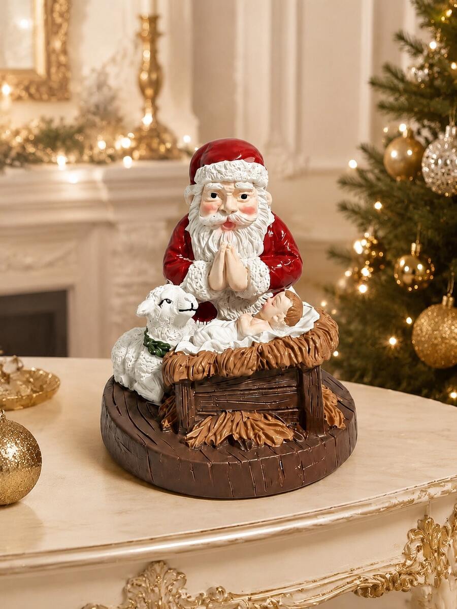 1-Piece Cute Santa Nativity Scene Statue, Santa Claus Praying Beside Baby Jesus And Sheep, Detailed Christmas Tabletop Ornament For Living Room, Entryway, Mantel, Shelf And Holiday Party Decor - 1PC - View 1