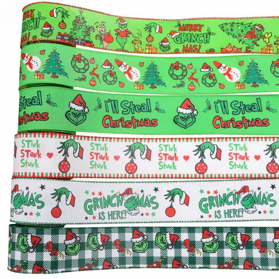 The Grinch 1pc Gnechi Christmas Printed Ribbon Set, Holiday Gift Wrapping Decorative Ribbon Roll, Suitable For DIY Bows, Wreaths, Handicrafts And Party Decorations - Multicolor - View 1