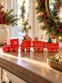 1pc Christmas Mini Train Figurine, Holiday Party Tabletop Decor, Red Tone Snowflake Snowman Christmas Tree Train Shaped Ornament, Dining Table Centerpiece, Party Backdrop Home Decor, Suitable For Fireplace, Windowsill, Desktop, Holiday Home, Bedroom, Living Room Christmas Tabletop Decoration, Gift - Style 4 - View 4