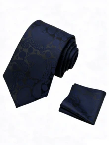 2pcs Men's Paisley Vintage Jacquard Tie & Pocket Square Set, Business Wedding Banquet Versatile 8cm Wide Tie Set - Navy Blue Subtle Jacquard - View 2