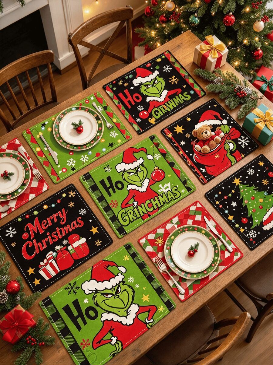 The Grinch , Christmas Placemat, 1pc, Christmas Table Mat, Table Decor Mat, Merry Grinchmas, Protect Tabletop, Christmas, Christmas Family Gathering Party Decoration, Dining Room Tabletop Arrangement Scene - Multicolor - View 1