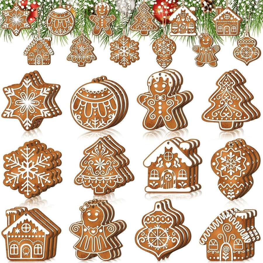 Dekorasi Natal Gantung Kayu Bentuk Kepingan Salju Kue Jahe dengan Tali, Cocok untuk Pesta Natal dan Liburan - MultiWarna - View 1