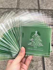 50pcs/Set Christmas Tree Print Gift Bags Merry Christmas Self-Adhesive Bags Packaging Bags Red And Green - Perfect For Christmas Small Gift Packaging - Multicolor - View 1
