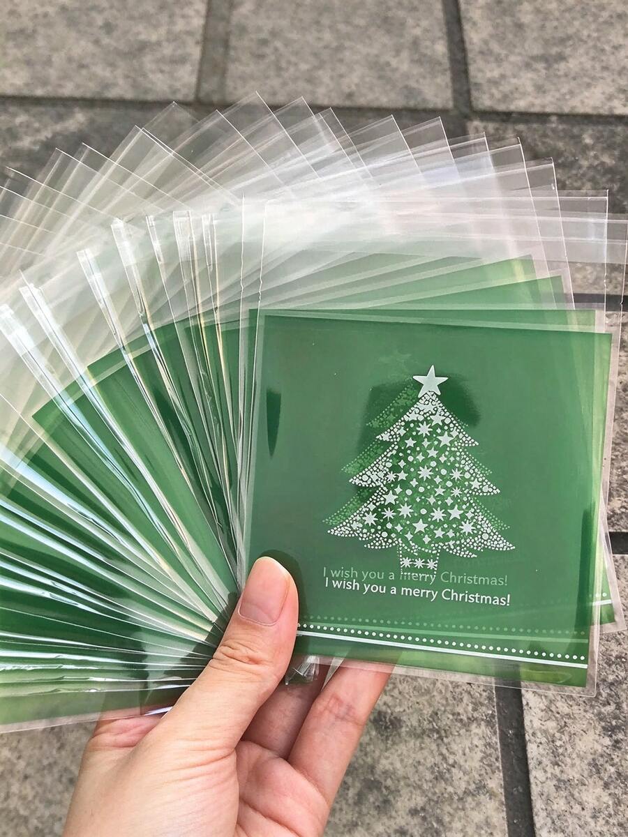 50pcs/Set Christmas Tree Print Gift Bags Merry Christmas Self-Adhesive Bags Packaging Bags Red And Green - Perfect For Christmas Small Gift Packaging - Multicolor - View 1