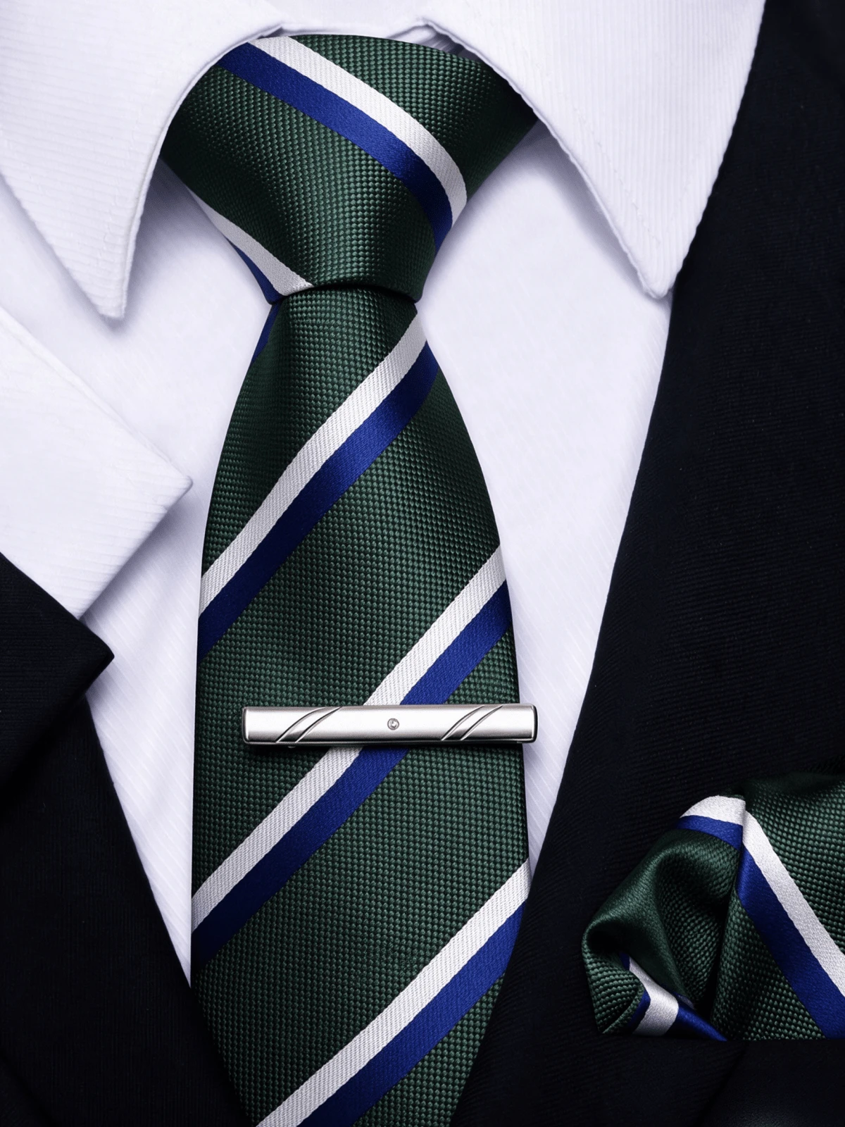 3pcs Men's Formal 3 Pieces Set 8cm Wide Hand-Made Tie Pocket Square Tie Clip Set, Multiple Patterns Available For Wedding Banquet Suit Accessories - Green Stripes - View 1