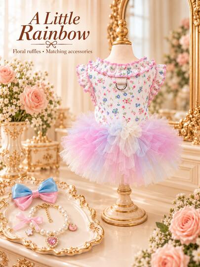 1 Set Pink Tutu Skirt/5pcs Hair Accessories, Breathable Cute Soft Elegant Elastic Fabric, Includes Hair Accessories And Necklace Jewelry, Suitable For Small Dogs, Outdoor Use, Christmas And Photo Shoots