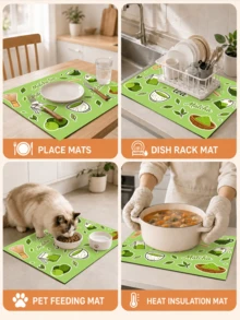 1pc Matcha Tea Fresh Japanese Style Dish Drying Mat, Absorbent Dish Drying Pad, Coffee Machine Mat, Dishwashing Mat, Sink Mat, Kitchen Countertop Protector, Suitable For Cups, Plates, Tableware And Kitchen Decor - Multicolor - View 7