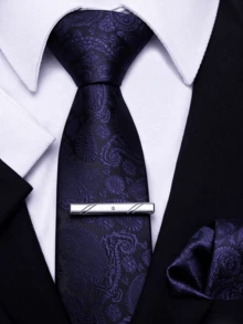 3pcs Men's Formal 3 Pieces Set, 8cm Wide Hand-Made Tie, Pocket Square, Tie Clip Set, Multiple Patterns Available, Wedding Banquet Suit Accessories - Navy Blue Subtle Jacquard - View 3