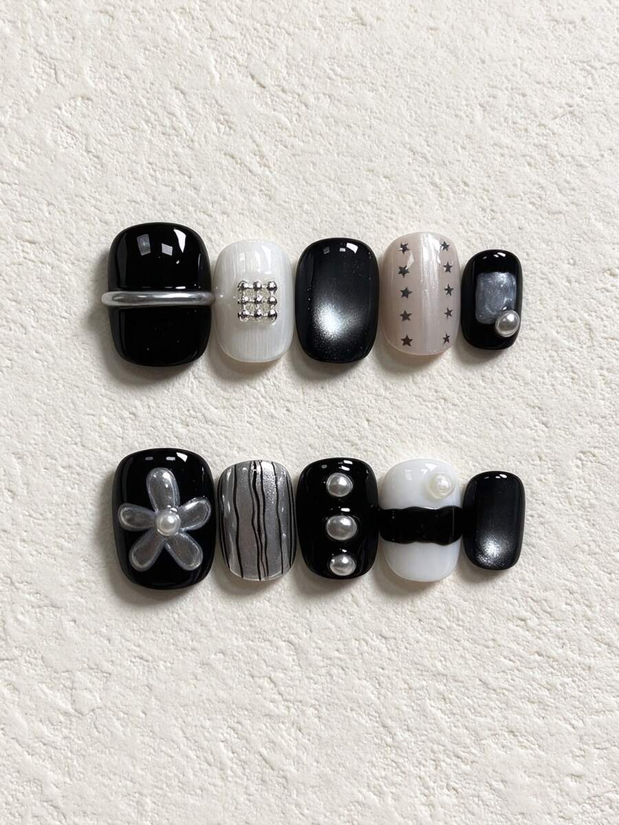 10pcs Handmade Press-On Nails, Black White Silver Autumn/Winter Style Fake Nails, Short Square Shape, 3D Flower Pearl Rhinestone Star Stripe Marble Design, Reusable Glue-On Nails For Women Daily, Party, Holiday Nail Decor - Multicolor - View 1