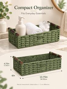Green Woven Storage Basket With Wooden Side Handles, Rectangular Woven Countertop Storage Bin, Decorative Home Storage Container, Suitable For Bathroom Countertop, Bedside Table, Shelves, Used For Organizing Toiletries, Towels, Cosmetics And Various Household Items - Multicolor - View 2