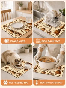 1pc Coffee Bean Print Absorbent Dish Drying Mat, Kitchen Sink Mat, Coffee Machine Mat, Dishwashing Mat, Countertop Protector Mat, Suitable For Cups, Plates, Tableware And Home Kitchen Decor - Multicolor - View 7
