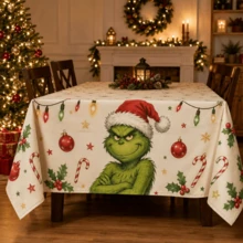 The Grinch 1pc Green Monster Christmas Tablecloth, Cartoon Holiday Print Table Cover, Festive Christmas Party Home Kitchen Decor - Multicolor - View 2
