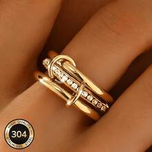 Cincin Wanita Mewah dari Baja Tahan Karat 304, Cincin Tumpuk yang Indah dengan Gesper, Tahan Air dan Hipoalergenik - Emas - View 10