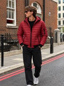 Men's Hooded Quilted Padded Jacket With Zip Pockets & Ribbed Trim, Casual Lightweight Outerwear - Redwood - View 2