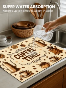 1pc Coffee Bean Print Absorbent Dish Drying Mat, Kitchen Sink Mat, Coffee Machine Mat, Dishwashing Mat, Countertop Protector Mat, Suitable For Cups, Plates, Tableware And Home Kitchen Decor - Multicolor - View 9