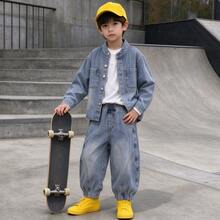 Boys' Autumn Loose Fit All-Over Print Long Sleeve Denim Jacket & Denim Pants 2 Pieces Set, Suitable For Back To School, Daily Wear And Outdoor Activities - Baby Blue - View 5