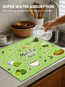 1pc Matcha Tea Fresh Japanese Style Dish Drying Mat, Absorbent Dish Drying Pad, Coffee Machine Mat, Dishwashing Mat, Sink Mat, Kitchen Countertop Protector, Suitable For Cups, Plates, Tableware And Kitchen Decor - Multicolor - View 10