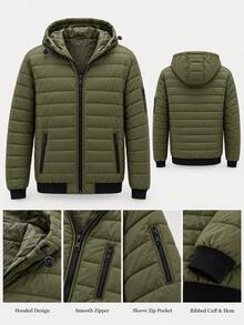 Men's Hooded Quilted Padded Jacket With Zip Pockets & Ribbed Trim, Casual Lightweight Outerwear - Olive Green - View 4