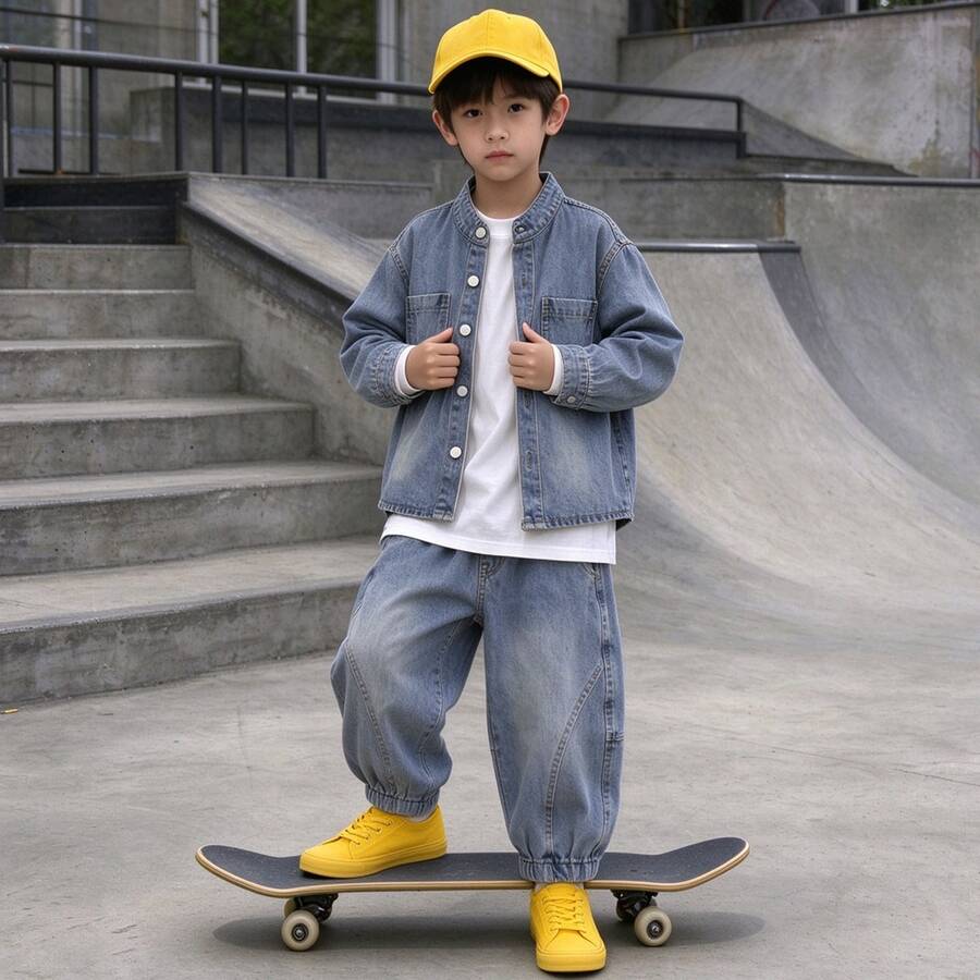 Boys' Autumn Loose Fit All-Over Print Long Sleeve Denim Jacket & Denim Pants 2 Pieces Set, Suitable For Back To School, Daily Wear And Outdoor Activities - Baby Blue - View 1