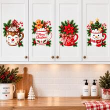 4pcs Christmas Kitchen Cabinet Stickers, Christmas Mug Stickers, Gingerbread Man Snowman Cup, Holiday Decoration, Suitable For Refrigerator Door, Pantry Cabinet, Home Decor - Christmas Wall Decals - View 1