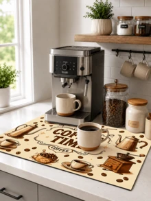 1pc Coffee Bean Print Absorbent Dish Drying Mat, Kitchen Sink Mat, Coffee Machine Mat, Dishwashing Mat, Countertop Protector Mat, Suitable For Cups, Plates, Tableware And Home Kitchen Decor - Multicolor - View 5