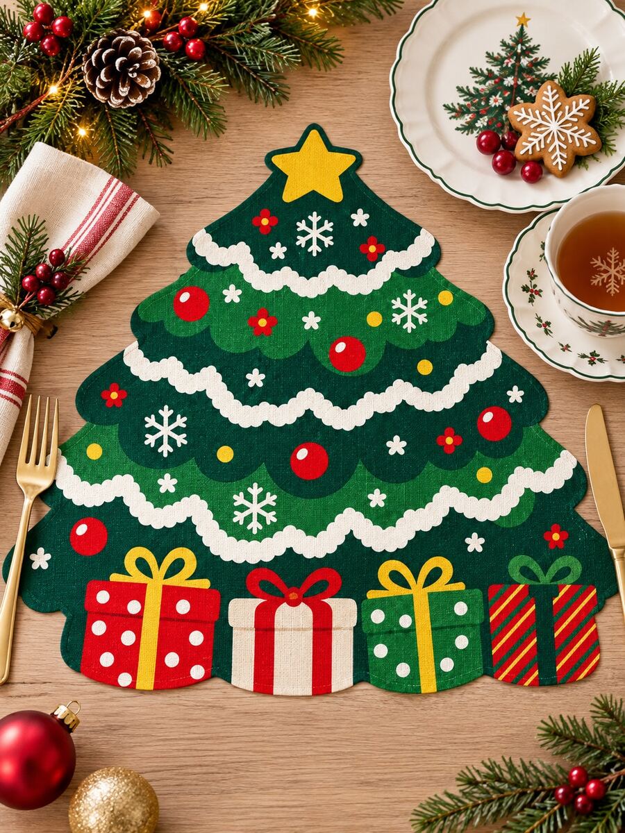 1pc Christmas Tree Shaped Linen Placemat, Country Print With Gift Box Snowflake Pattern Christmas Table Mat, Holiday Decor Placemat For Christmas Home Kitchen Tabletop Decoration - Multicolor - View 1