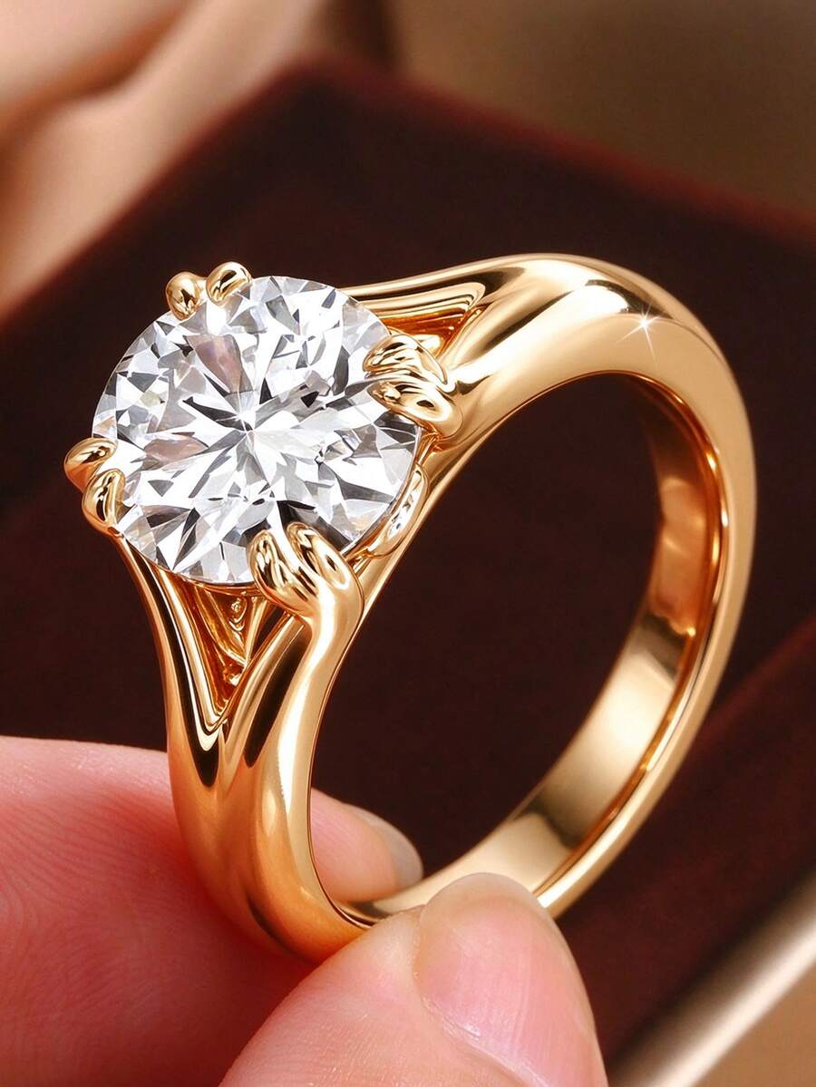 1pc Minimalist 14K Gold Plated Yellow Four-Prong Round Cubic Zirconia Couple Ring For Women, Suitable For Engagement, Wedding, Gift, Party Jewelry - Yellow - View 1