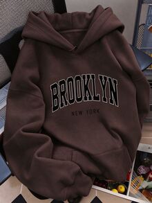 大尺碼女款 Brooklyn New York 印花棕色抽繩休閒運動衫，秋冬長袖口袋上衣 - 棕色 - 查看 1
