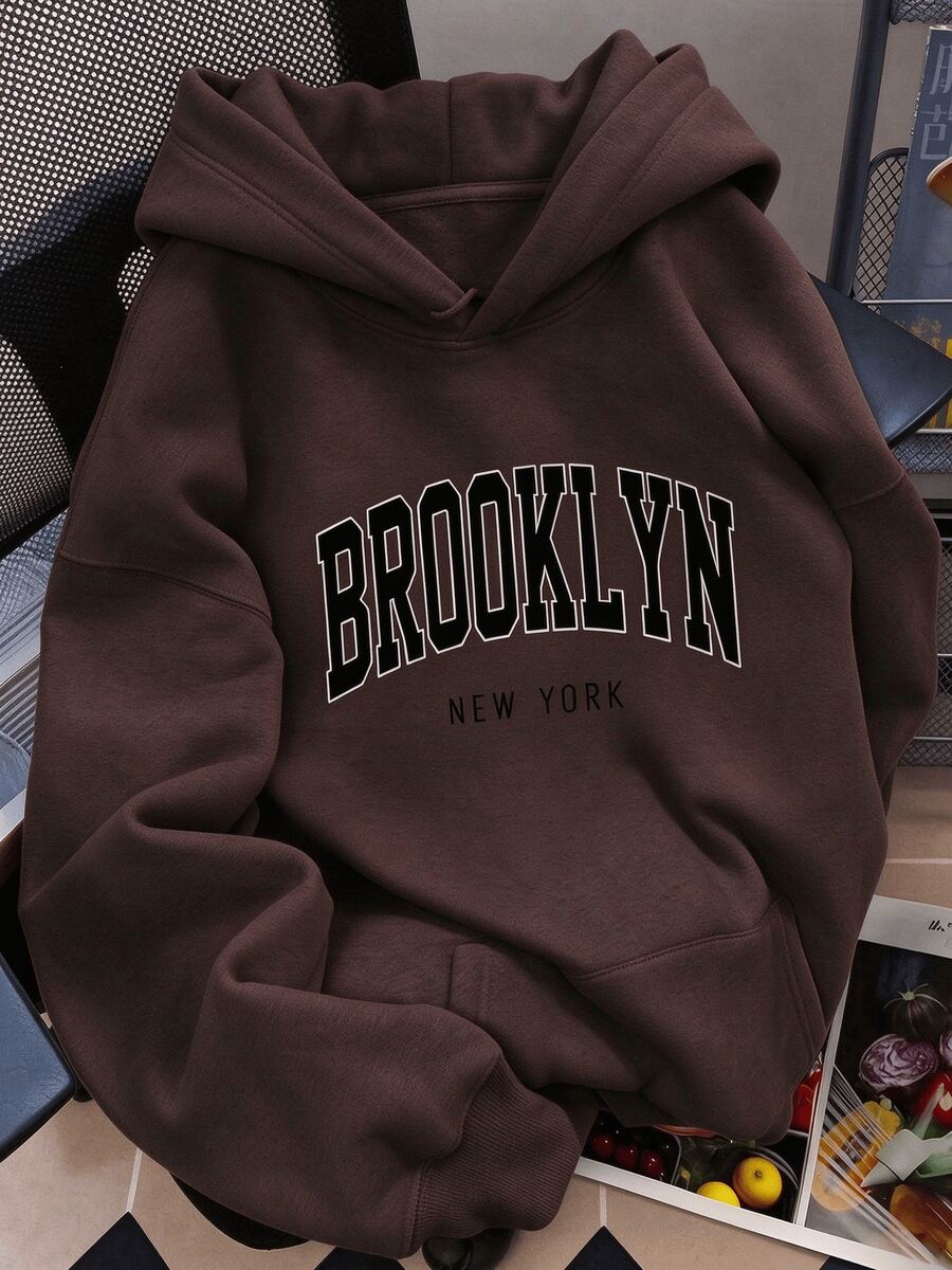 大尺碼女款 Brooklyn New York 印花棕色抽繩休閒運動衫,秋冬長袖口袋上衣 - 棕色 - 查看 1