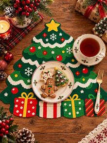 1pc Christmas Tree Shaped Linen Placemat, Country Print With Gift Box Snowflake Pattern Christmas Table Mat, Holiday Decor Placemat For Christmas Home Kitchen Tabletop Decoration - Multicolor - View 2
