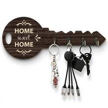 1pc Key Shaped Wooden Wall Mounted Key Holder, Home Sweet Home Print Key Rack With 4 Metal Hooks, Rustic Entryway Wall Decor Key Organizer For Front Door Hallway - Multicolor - View 11