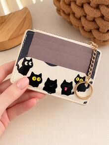 PU Multi-Compartment Kids Card Holder, Dark Cat Pattern Design, Sealed Edge Design, Minimalist Style, Suitable For Daily Use, Can Be Used As Card Holder, Wallet, Business Card Holder, Credit Card Holder, Unisex, Mini Wallet Card Holder - Multicolor - View 2