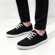 Men's Black And White Canvas Casual Shoes, Breathable Lightweight Non-Slip Comfortable Walking Shoes, Solid Color Round Toe Lace-Up Low-Top Flat Design, All-Season Versatile Minimalist Basic Style, Suitable For Daily Commute, Work And School Wear - Black and White - View 13