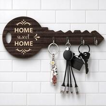 1pc Key Shaped Wooden Wall Mounted Key Holder, Home Sweet Home Print Key Rack With 4 Metal Hooks, Rustic Entryway Wall Decor Key Organizer For Front Door Hallway - Multicolor - View 1