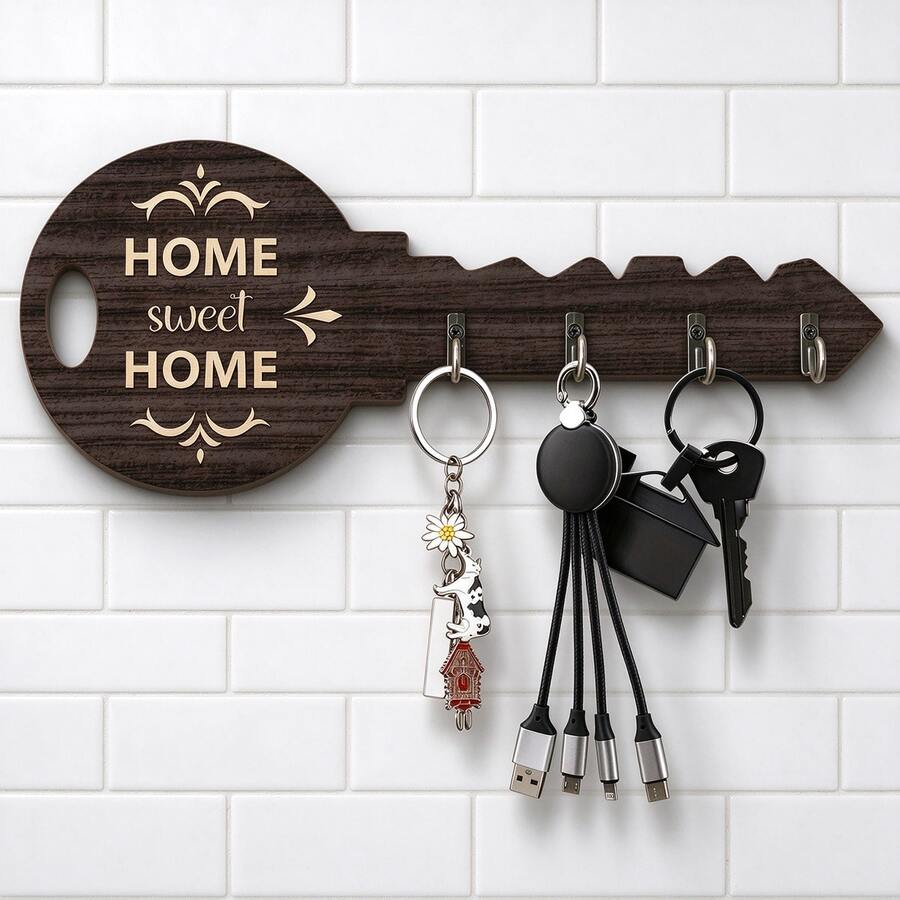 1pc Key Shaped Wooden Wall Mounted Key Holder, Home Sweet Home Print Key Rack With 4 Metal Hooks, Rustic Entryway Wall Decor Key Organizer For Front Door Hallway - Multicolor - View 1