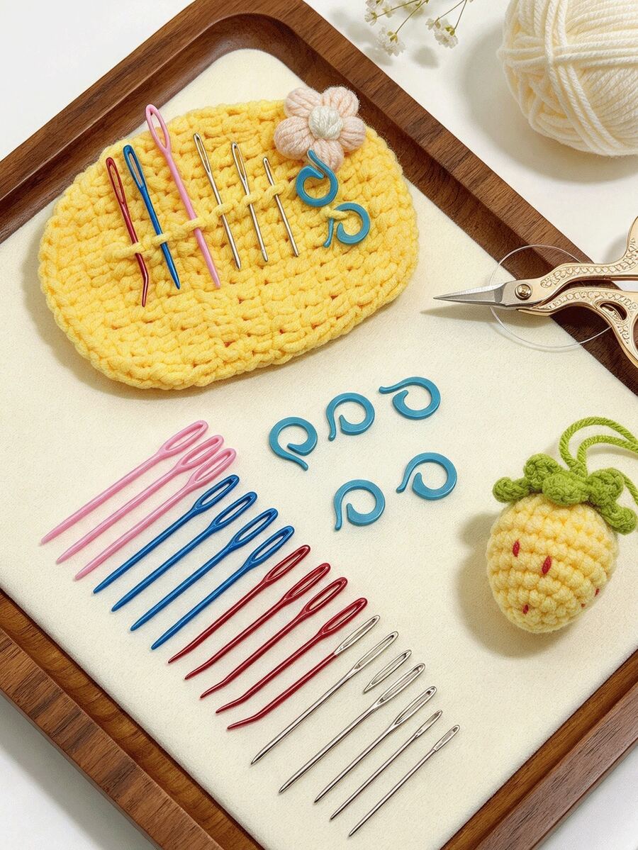[26pcs/Set] Tip Hand Sewing Needle & Marker Clip Set, Includes Multi-Size Plastic & Metal Knitting Needles And Blue Marker Clips, Suitable For Sewing, Patching, Hiding Thread Ends And Other Knitting Craft Needs, Practical Accessory For Hand Knitting - Wool-assisted Sewing Kit - View 1