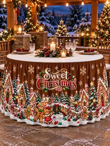 Dreamy Christmas Table Skirt, Santa Claus Elf Toy Workshop Gingerbread Village Reindeer Train Gift Box Snowflake Print Elastic Table Edge Apron, Suitable For Christmas Party, Family Gathering, Dessert Table And Winter Celebration Decor - Multicolor - View 3