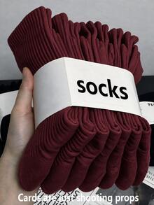 1/7 Pairs Women's Burgundy Vertical Striped Warm Mid-Calf Socks, Breathable Comfortable Casual Sports Socks, Non-Slip, Suitable For All Seasons - Multicolor - View 1